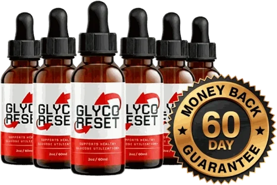 Six Glyco Reset amber dropper bottles with white and red labels and a gold 60-day guarantee seal