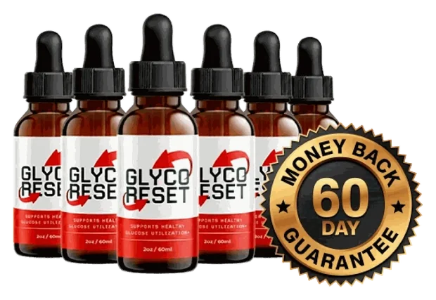 Six Glyco Reset amber dropper bottles with a gold 60-day guarantee seal