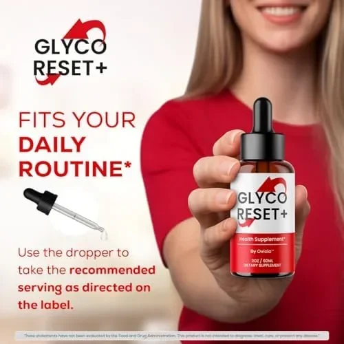 A woman holding a Glyco Reset bottle beside a dropper, with the FDA statement at the foot