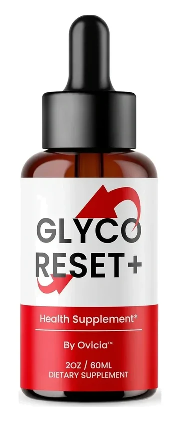 A Glyco Reset amber dropper bottle with a black dropper, a white label reading GLYCO RESET+, a red band reading Health Supplement*, and a size line