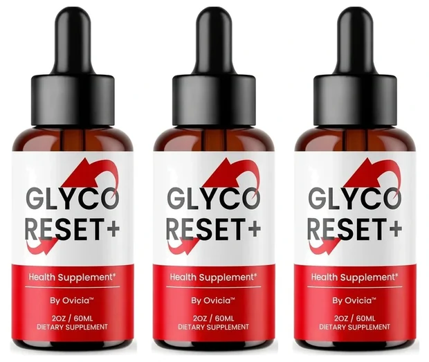 Three Glyco Reset amber dropper bottles with white and red labels